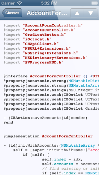 Code view on the iPhone